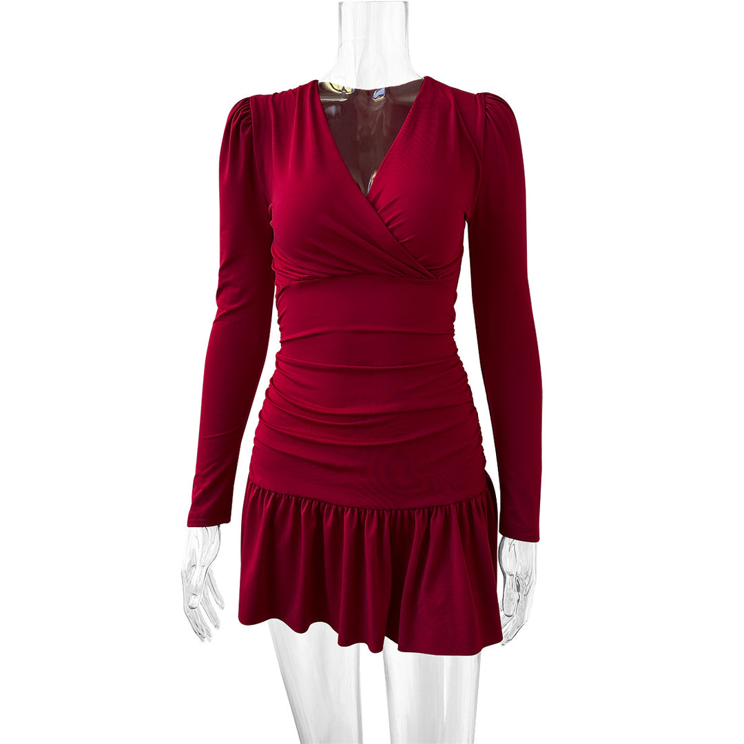 Damen Figurumspielendes Wickelkleid mit langen Ärmeln und Rüschensaum Drune