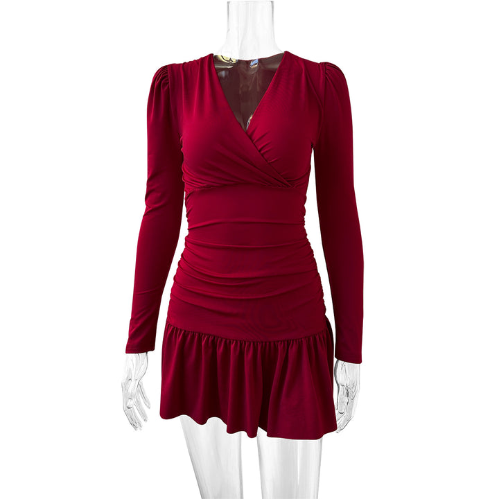 Damen Figurumspielendes Wickelkleid mit langen Ärmeln und Rüschensaum Drune