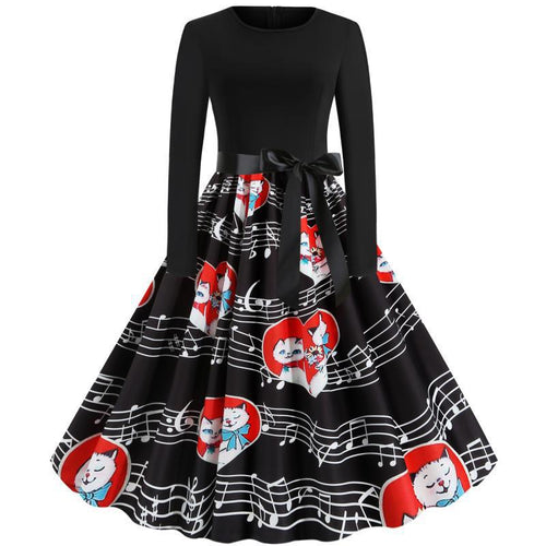 Damen Retro Swing-Kleid im Vintage-Stil mit A-Linie, langärmlig und Taillenschleife Drune