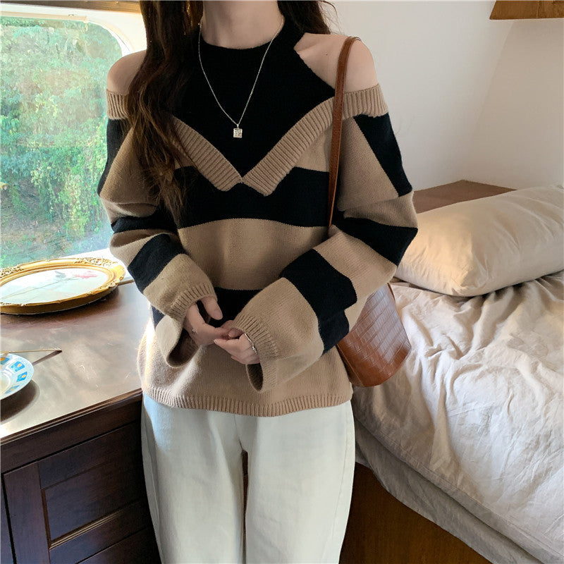 Damen Lässiger Pullover mit modernem Streifenmuster und Schulterfreischnitten Drune
