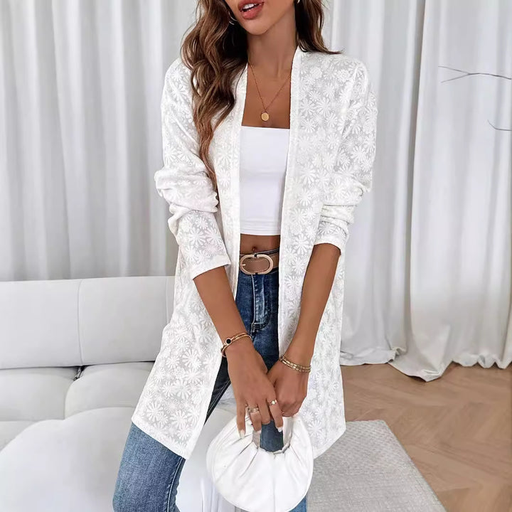 Damen nan fein bestickter Langcardigan aus semi-transparenter Spitze mit floralem Strukturrelief Drune