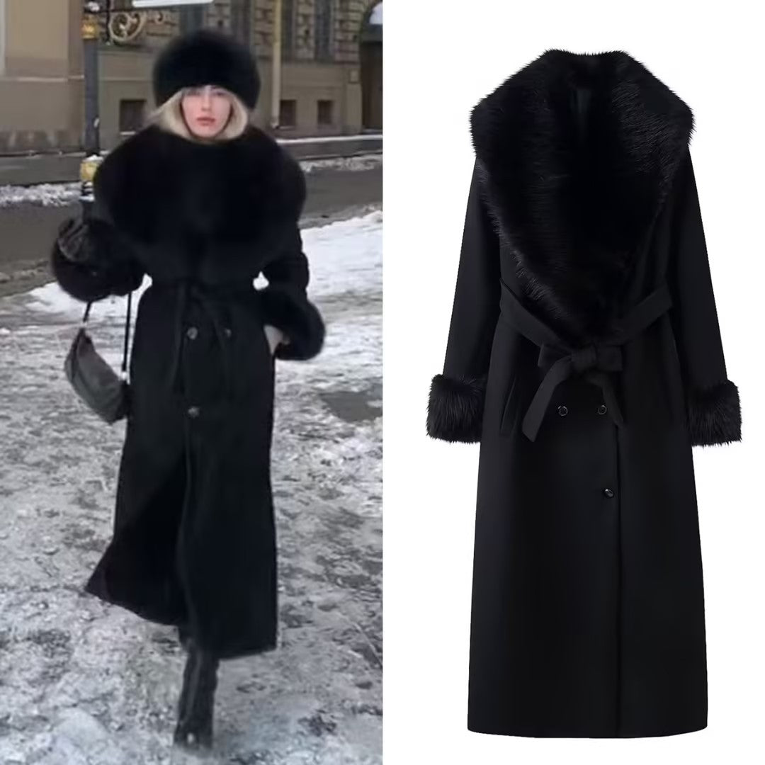 Damen Langer eleganter Wollmix-Mantel mit breitem Kunstfellkragen, Bindegürtel und Fellmanschetten Drune