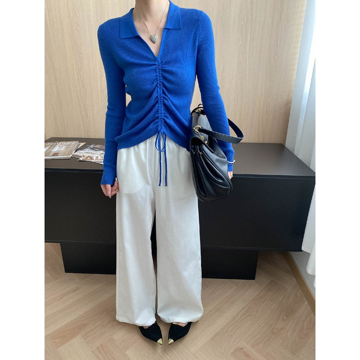 Damen figurbetontes Rippenshirt mit Schnürdetails Drune