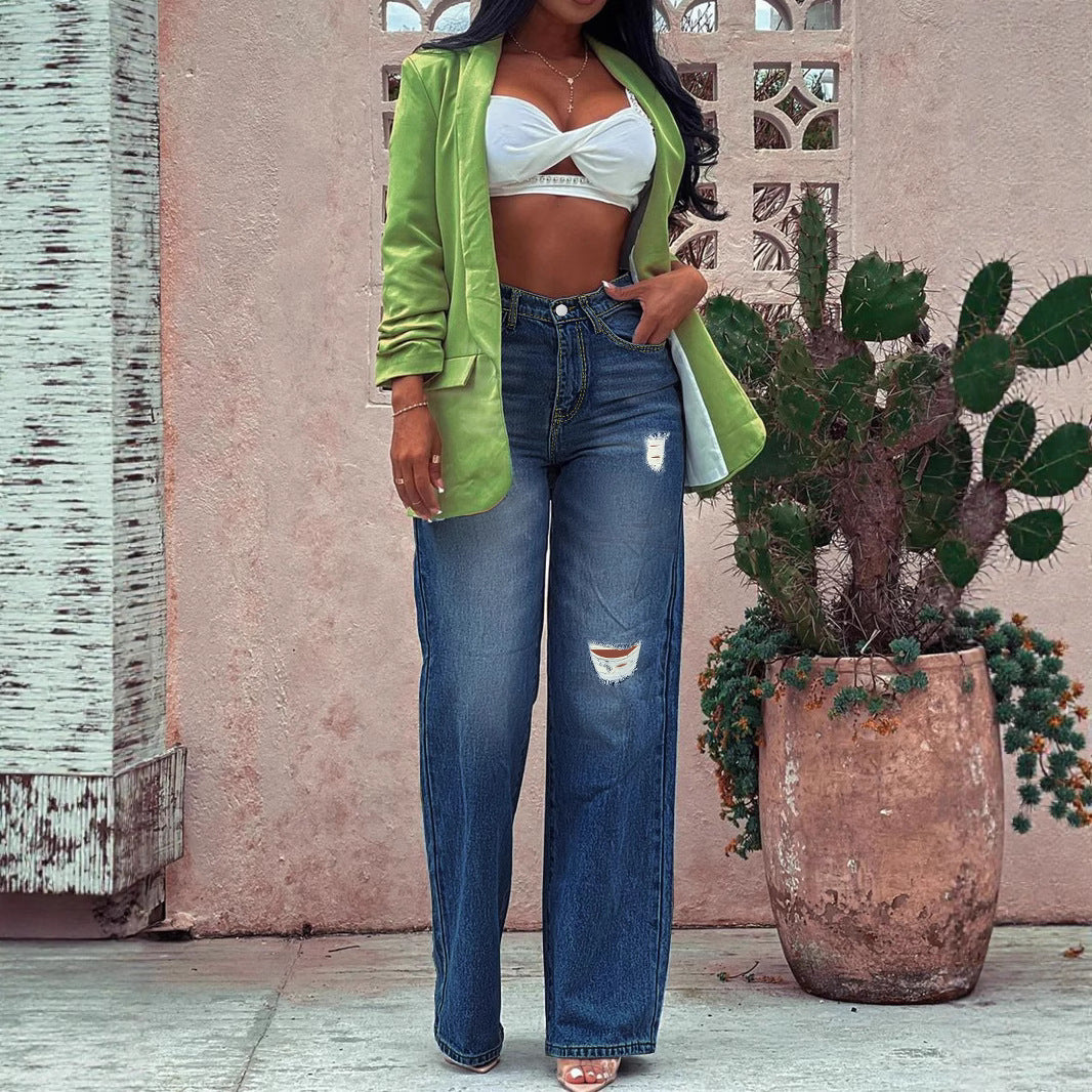 Damen Weite High-Waist Denim-Jeans im Wide‑Leg-Look mit gezielten Destroyed-Details Drune