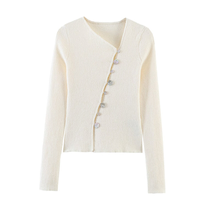 Damen Asymmetrischer Feinstrick-Cardigan mit Perlmuttknöpfen und gerippter Struktur Drune