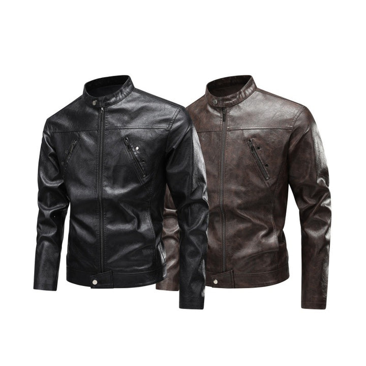 Herren Lederimitat-Bikerjacke mit Stehkragen, schmaler Passform & diagonalen Reißverschlusstaschen Drune