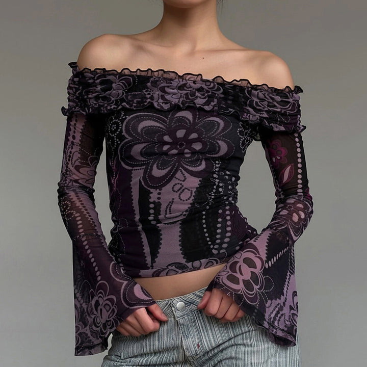 Damen Off-Shoulder Bluse mit eleganten Rüschendetails und weiten Ärmeln Drune