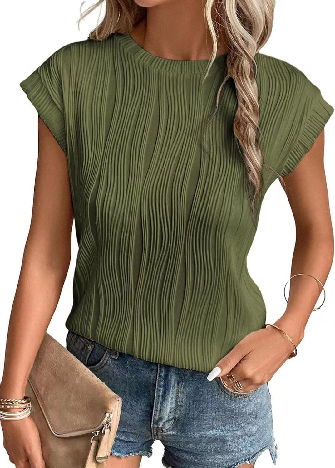 Damen Strukturierte Kurzarm-Bluse mit eleganter Wellenoptik Drune