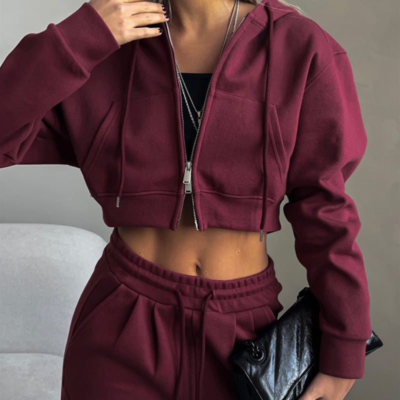 Damen cropped Reißverschluss-Kapuzenpullover mit hohem Bund Palazzo-Jogger Set Drune