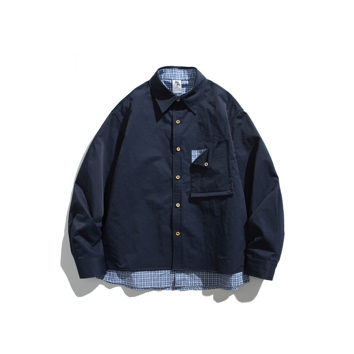 Herren Boxy-Overshirt im Layer-Look mit kariertem Innenfutter, Brusttasche und Holzknöpfen Drune