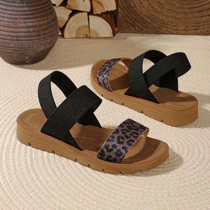 Damen Sandalen mit elastischen Kreuzriemen und Leoprint-Zehenriemen Drune