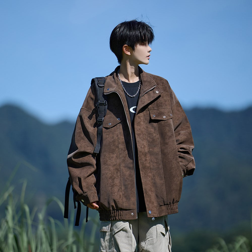 Herren Oversized Lederjacke mit weitem asymmetrischen Revers und Taillengürtel Drune