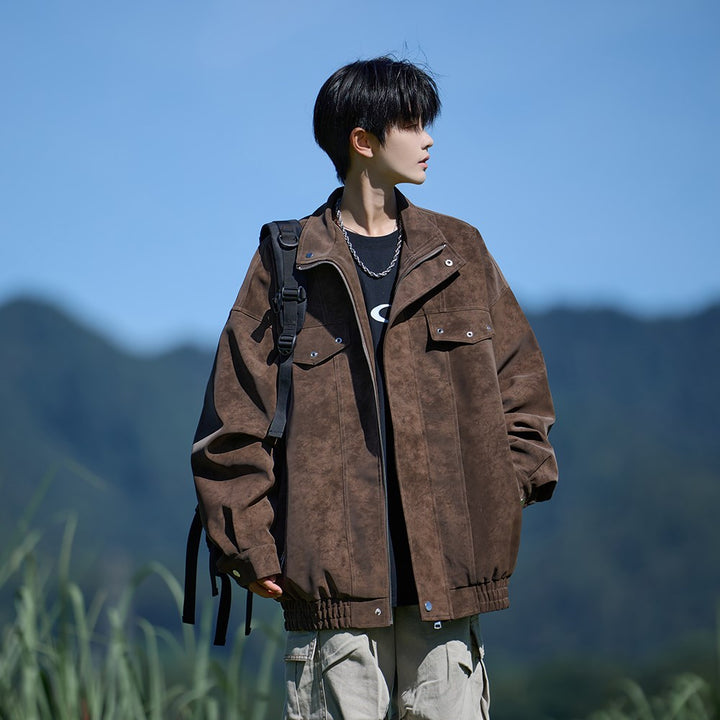 Herren Oversized Lederjacke mit weitem asymmetrischen Revers und Taillengürtel Drune