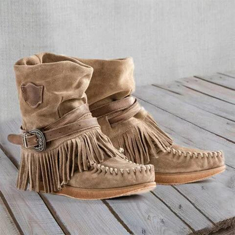 Damen Mokassin-Stiefel mit fransigen Details und modischer Schnalle Drune