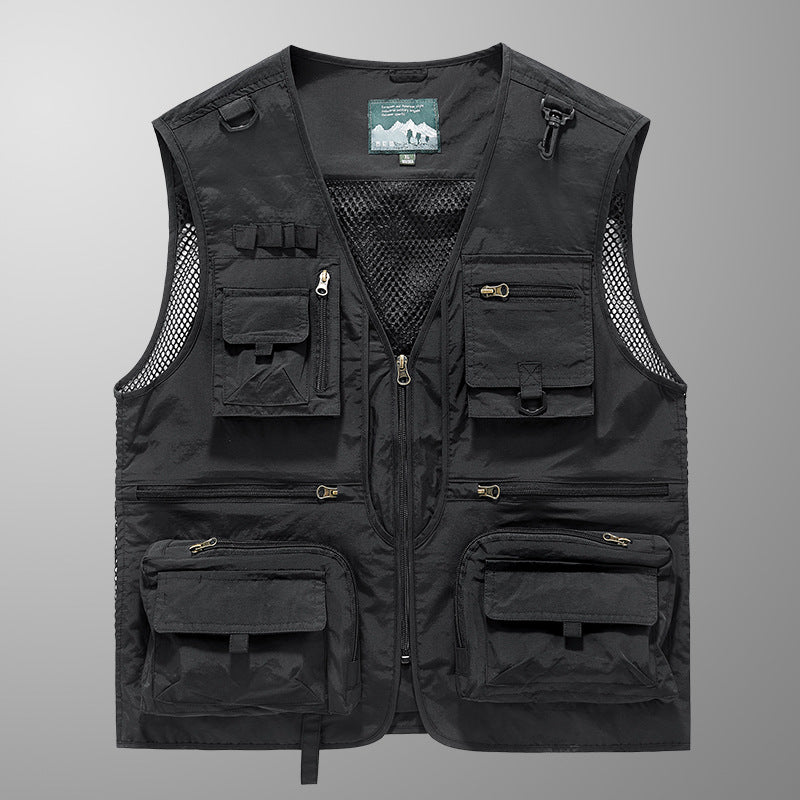 Herren multifunktionale Angler-Utility-Weste mit Mesh-Einsätzen, D‑Ringen und zahlreichen Reißverschluss- und Klappfächern Drune