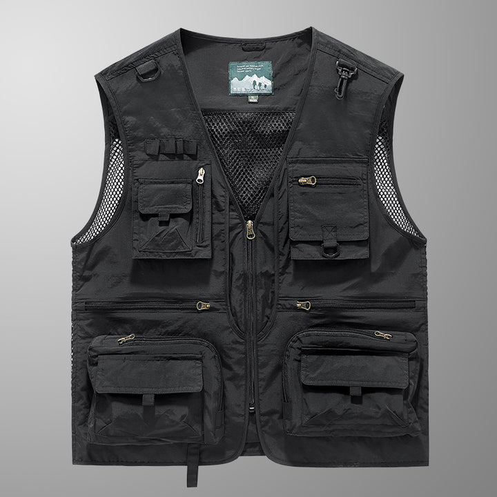 Herren multifunktionale Angler-Utility-Weste mit Mesh-Einsätzen, D‑Ringen und zahlreichen Reißverschluss- und Klappfächern Drune