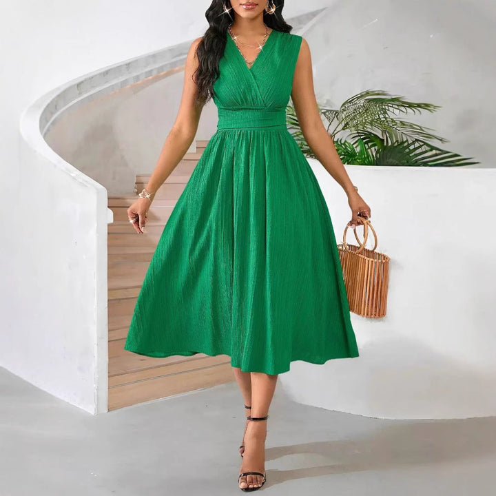 Damen Elegantes Midikleid mit V-Ausschnitt und fließendem Rock Drune