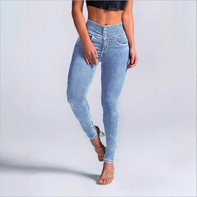 Damen High-Waist Sculpting-Skinny-Jeans mit taillenbildendem V-Bund und Doppelknopfverschluss Drune