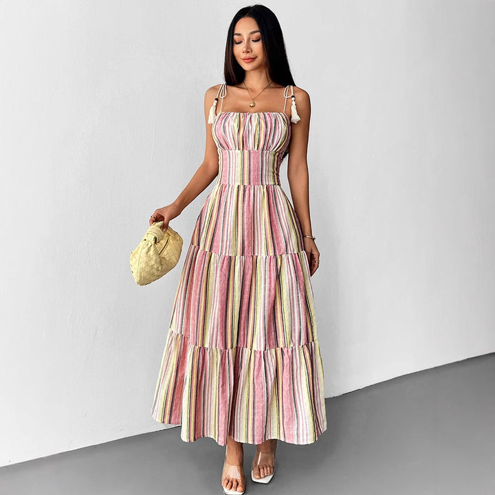 Damen Maxikleid mit maritimem Streifenmuster und raffinierten Trägerdetails Drune