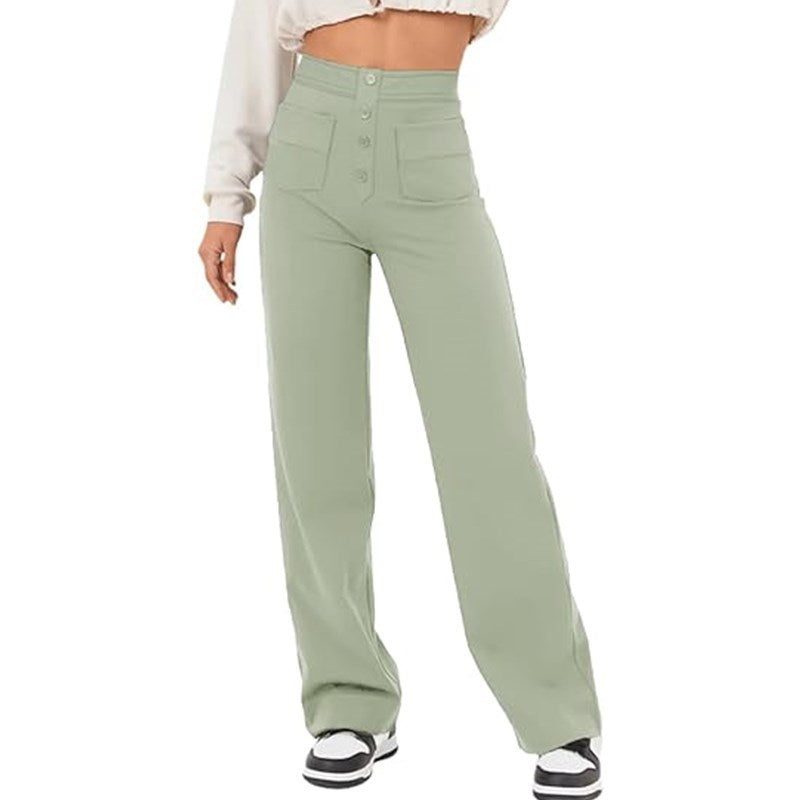 Damen elegante High-Waist Lounge-Hose mit großen Taschen und Knopfverschluss Drune