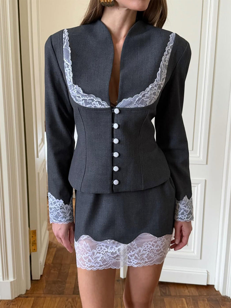 Damen Tailliertes Blazer- und Minirock-Set mit Spitzenbesatz Drune