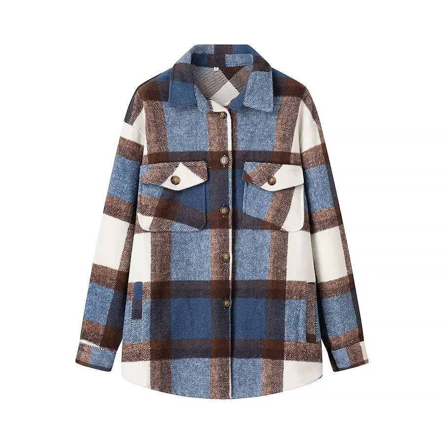 Damen nan kariertes Overshirt im Shacket‑Stil mit aufgesetzten Brusttaschen Drune