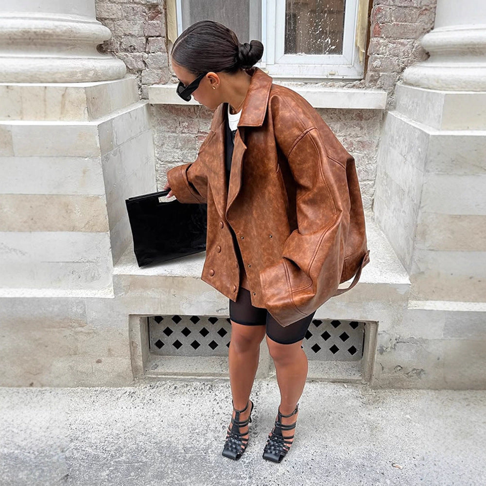 Damen Cropped-Boxy Lederimitat-Mantel mit übergroßem Revers und doppelreihiger Knopfleiste Drune