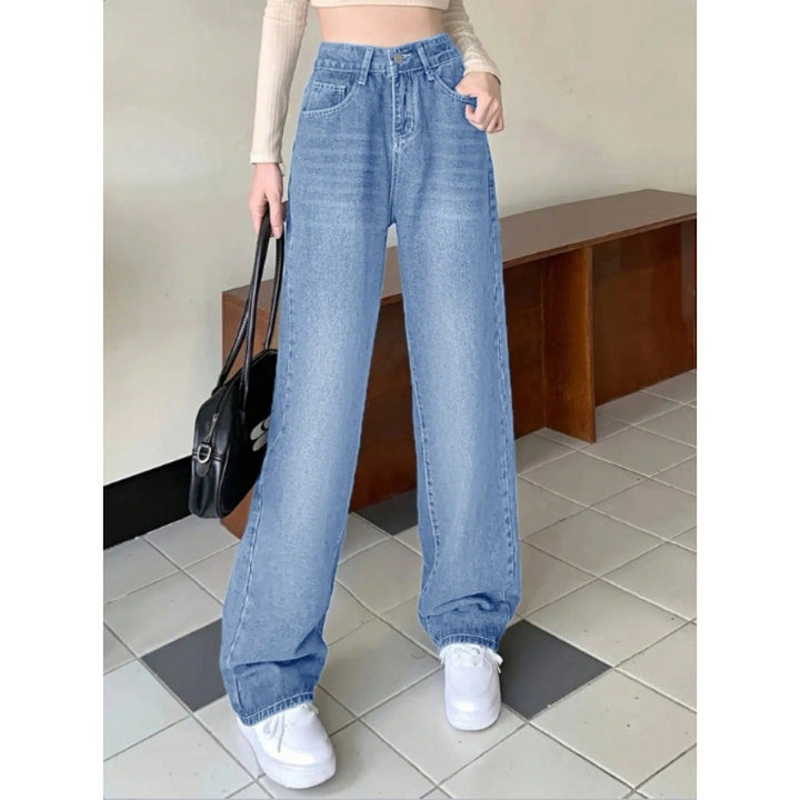 Damen weite High-Waist Baggy-Jeanshose mit geradem Bein Drune