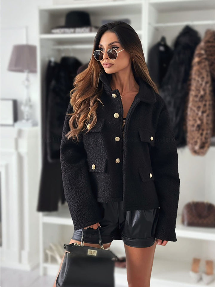 Damen Trendige Bouclé-Jacke mit goldenen Knöpfen und praktischen Taschen Drune
