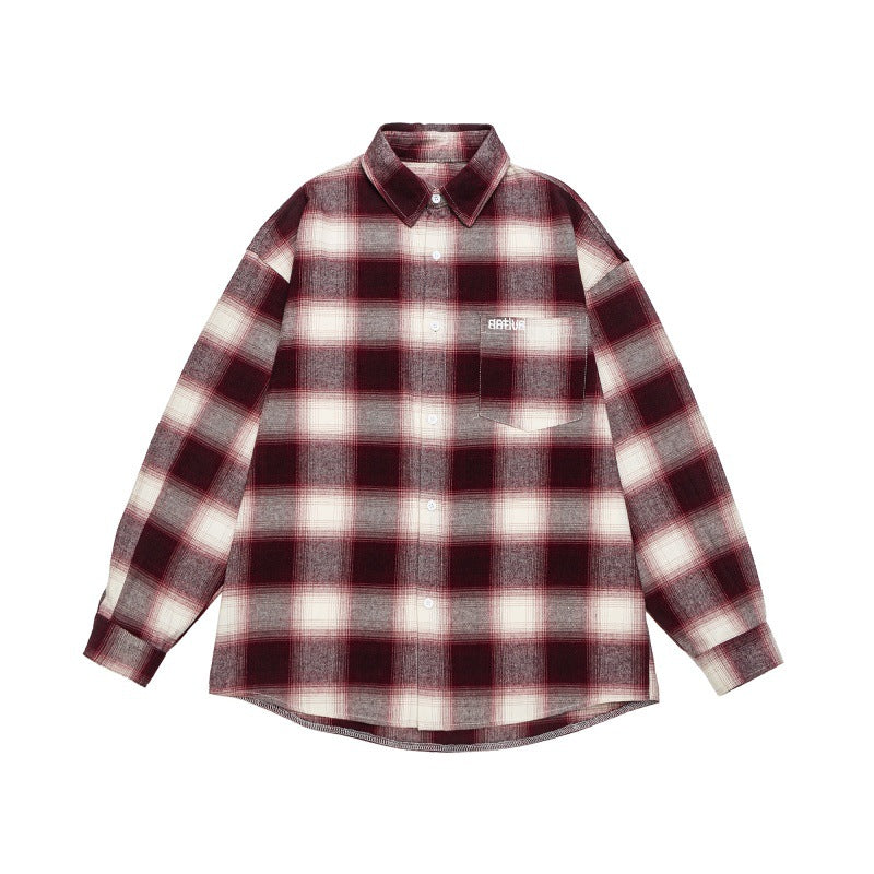 Unisex Karo-Flanell-Hemdjacke im Oversize-Kastenschnitt mit abgerundetem Saum Drune