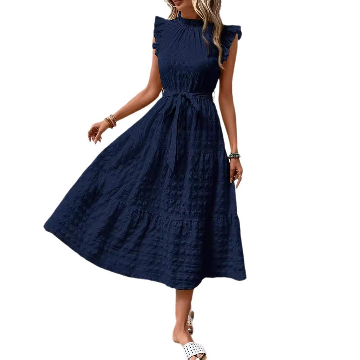 Damen Midikleid mit Stehkragen, Rüschenärmeln und Taillengürtel Drune
