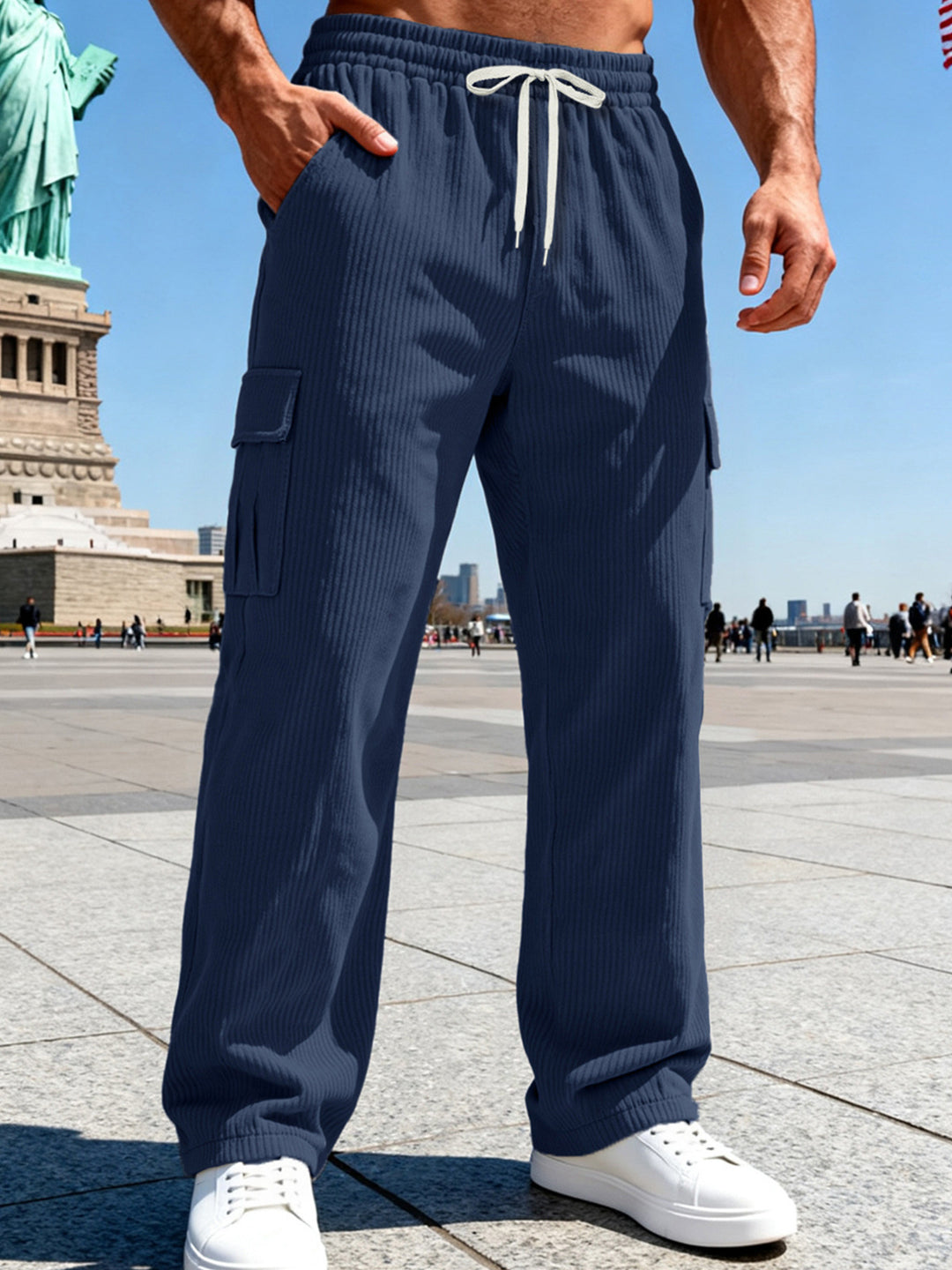 Herren Gerippte Cargo-Freizeithose mit Tunnelzug und Elastikbund Drune