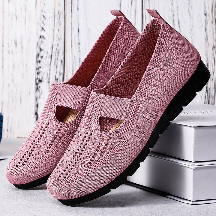 Damen nan atmungsaktiver gestrickter Mary-Jane-Slipper mit elastischem Riemen und rutschfester Keilsohle Drune