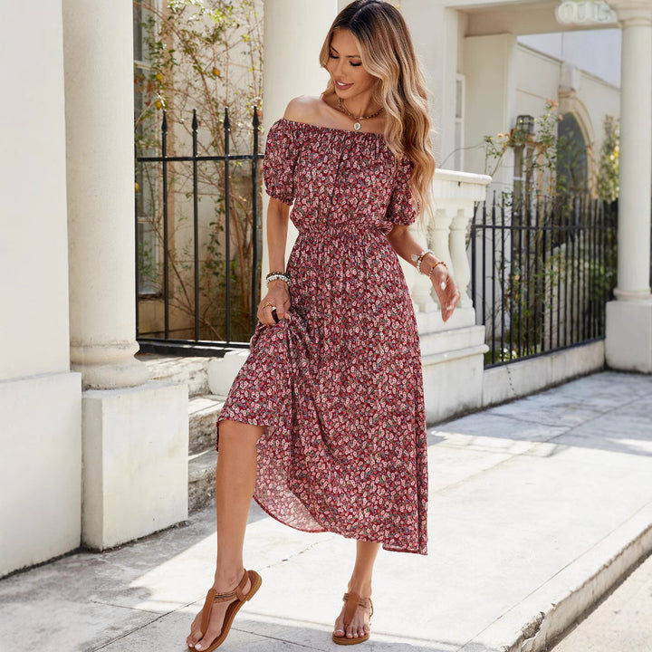 Damen Off-Shoulder Maxi-Kleid mit floralen Akzenten Drune