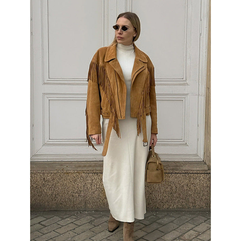 Damen Wildlederjacke mit Fransen und großzügigen Ärmeln Drune