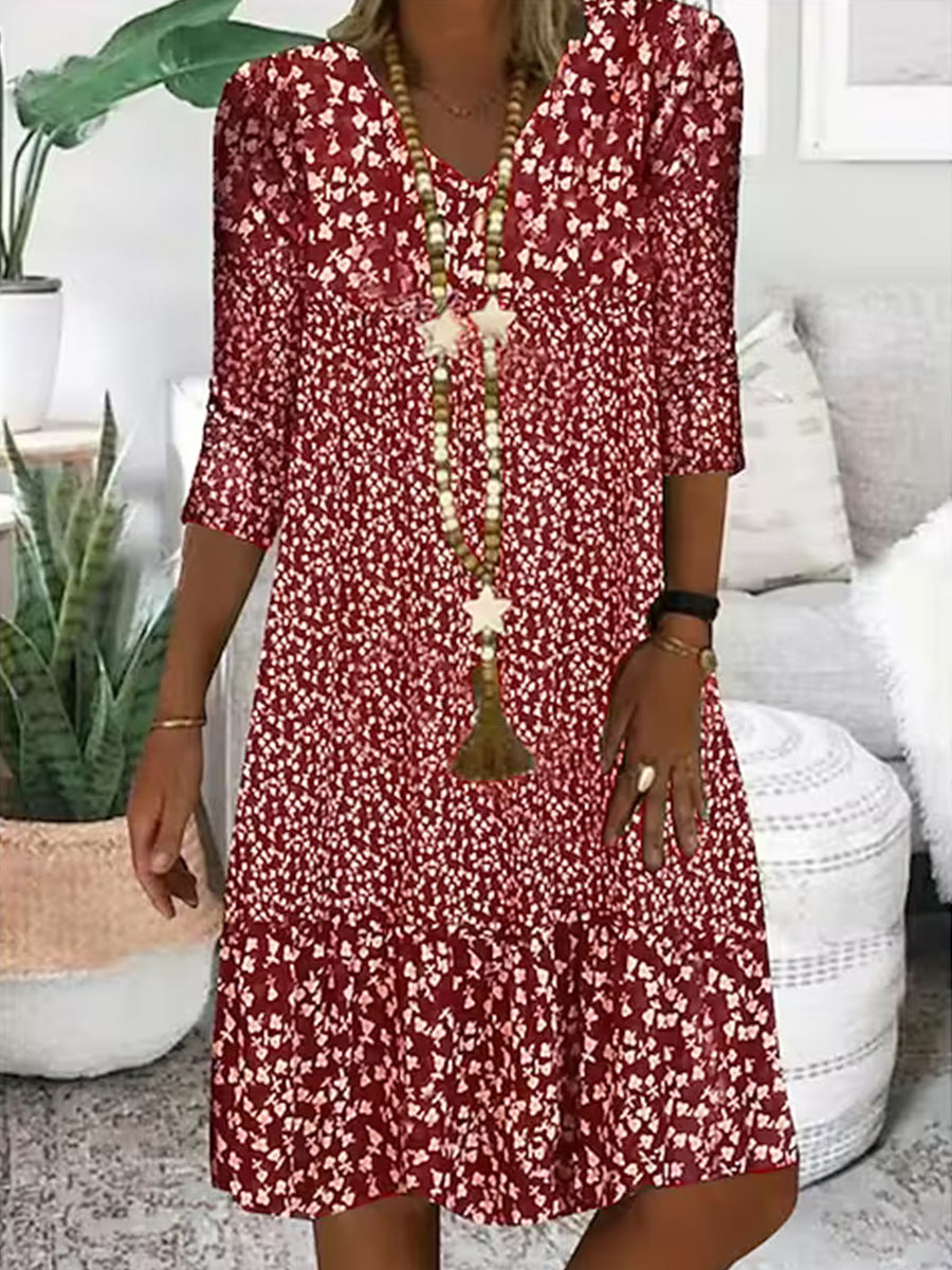 Damen Freizeit Stufen Kleid mit V-Ausschnitt und drei Viertel Ärmeln im floralen Allover-Druck Drune