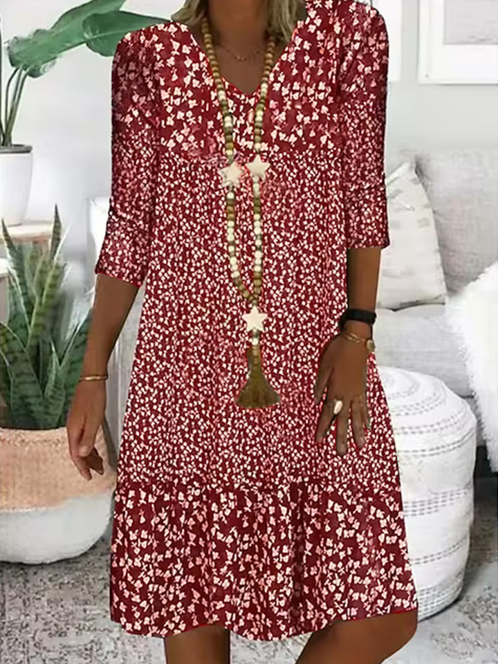 Damen Freizeit Stufen Kleid mit V-Ausschnitt und drei Viertel Ärmeln im floralen Allover-Druck Drune