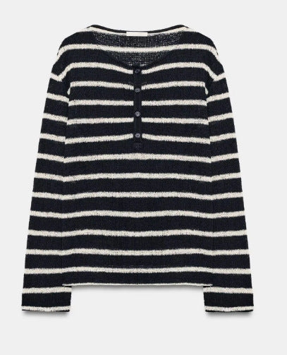Damen Gestreifter Feinstrickpullover mit Rückknöpfung und U‑Boot‑Ausschnitt Drune