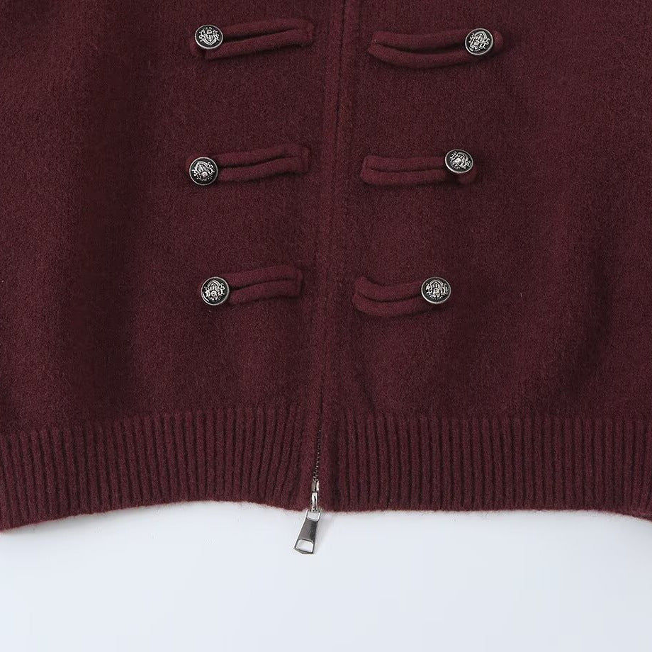 Damen Strickjacke mit Stehkragen, Reißverschluss und dekorativen Knotenblenden Drune