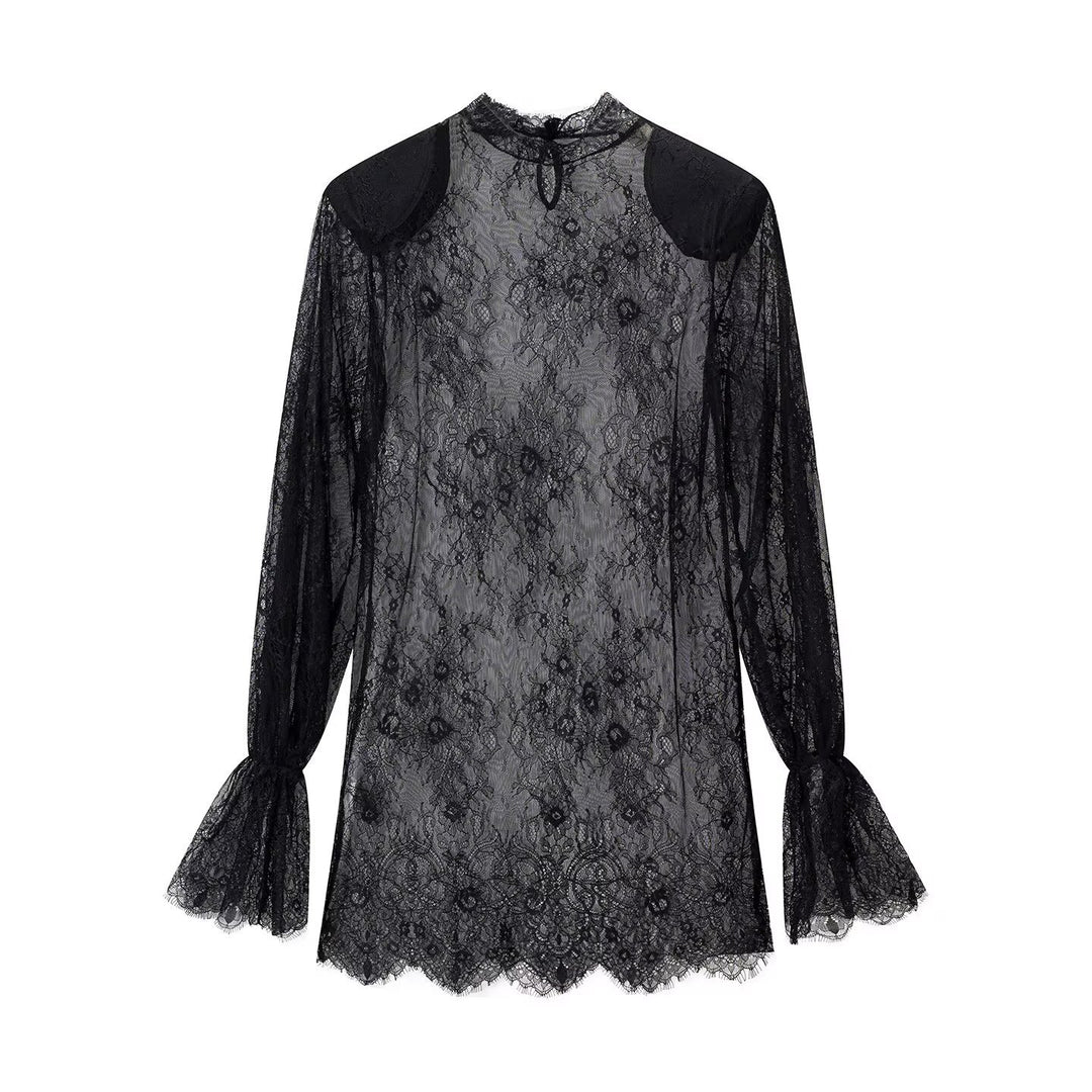 Damen transparente Spitzenbluse mit Stehkragen, Trompetenärmeln und Spitzensaum Drune