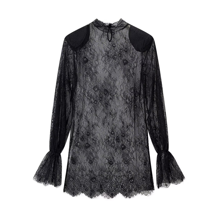 Damen transparente Spitzenbluse mit Stehkragen, Trompetenärmeln und Spitzensaum Drune