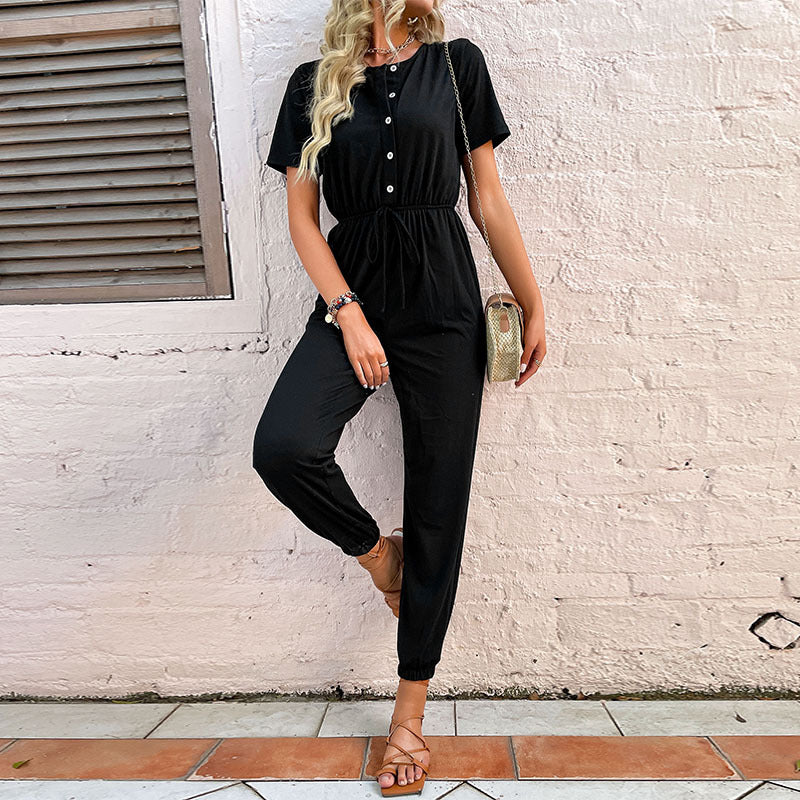 Damen Relaxter Kurzarm-Jumpsuit mit Knopfleiste, Tunnelzugtaillie und elastischen Beinabschlüssen Drune