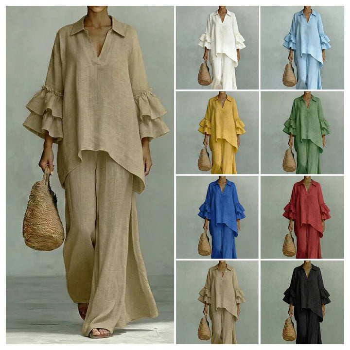 Damen Leinen-Loungewear-Set mit Volantärmeln und weitem Palazzo-Hose Drune