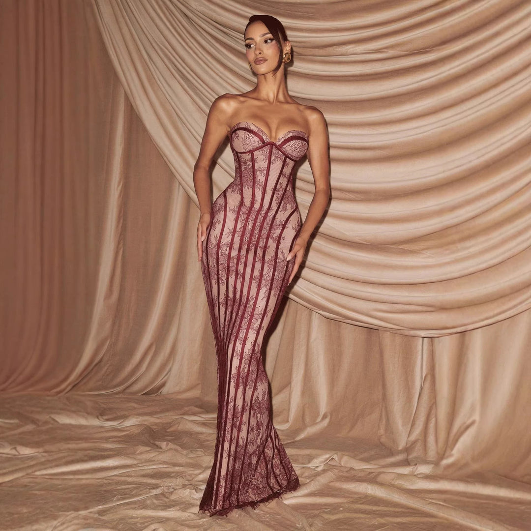 Damen figurbetontes Spitzenkleid mit Bustier-Oberteil und eleganten Details Drune