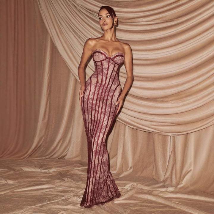 Damen figurbetontes Spitzenkleid mit Bustier-Oberteil und eleganten Details Drune