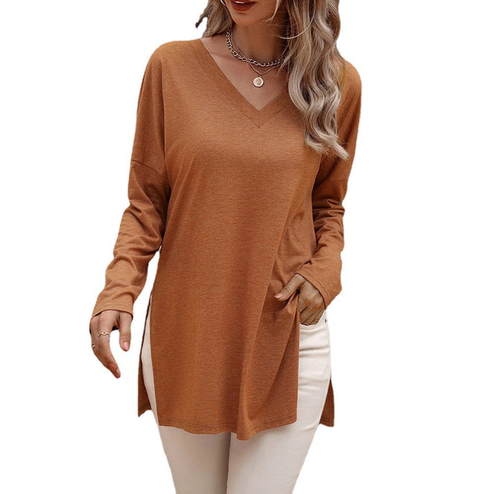 Damen lässige V-Neck Longsleeve-Tunika mit Seitenschlitzen und relaxed Fit Drune