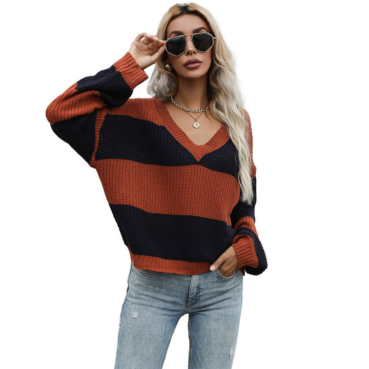 Damen Oversize-Chunky-Strickpullover mit schulterfreiem Fall, breiten Blockstreifen und geripptem Saum Drune