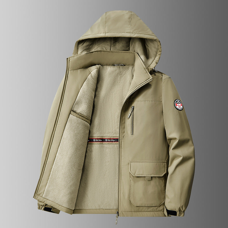 Herren  gefütterte Softshell-Winterjacke mit Teddyfutter, verstellbarer Kapuze und multifunktionalen Taschen Drune