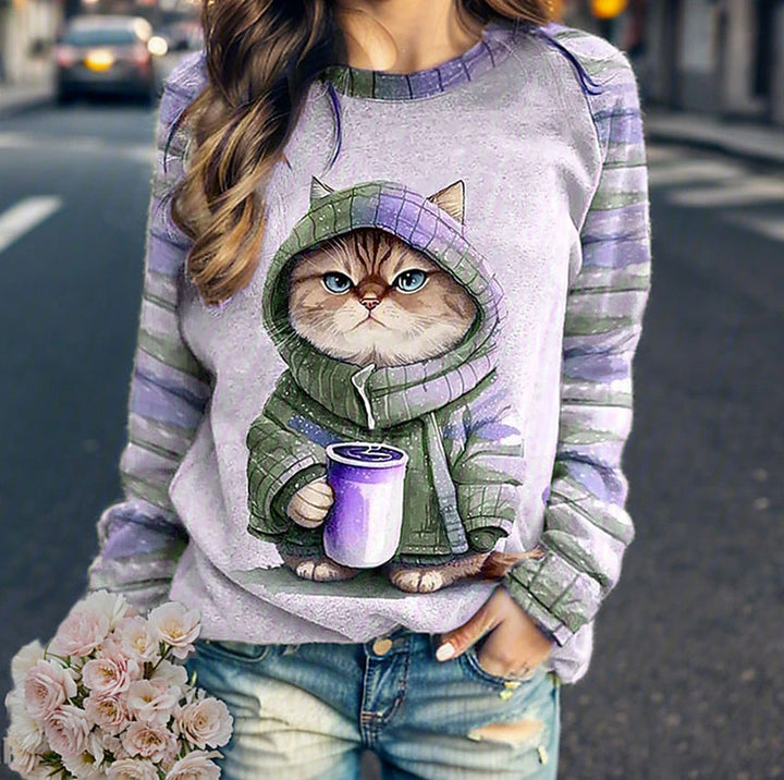 Damen nan lässiges Sweatshirt mit großem Kätzchen-Frontprint und gestreiften Raglanärmeln Drune