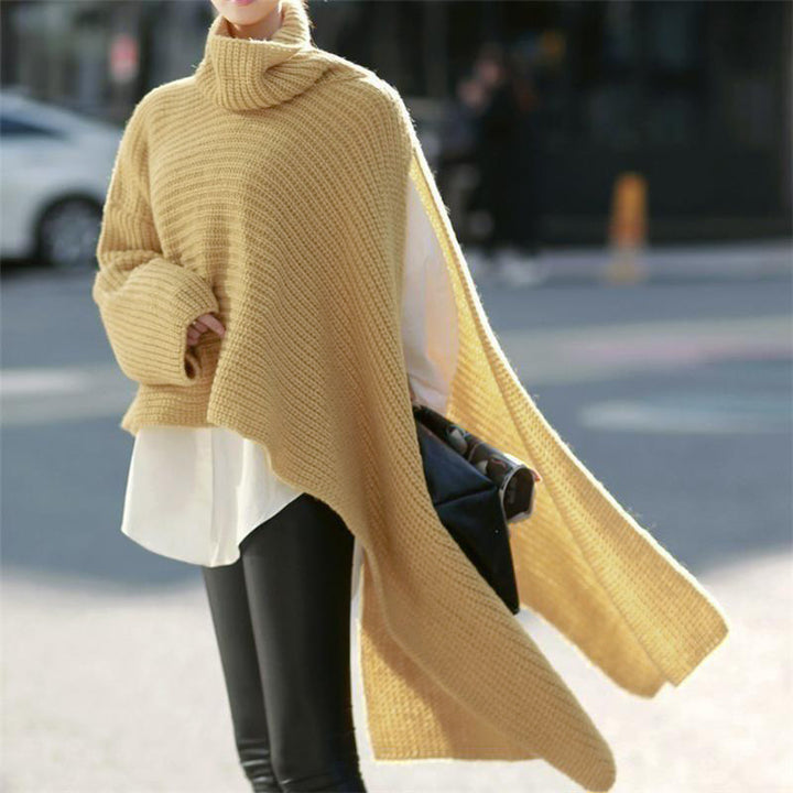 Damen Asymmetrischer Rollkragen-Poncho mit seitlichem Cape-Detail Drune